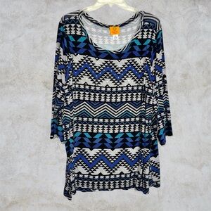 Ruby Rd. Aztec Scoop Neck Tunic - Blue, Black, White with silver studs size 1X